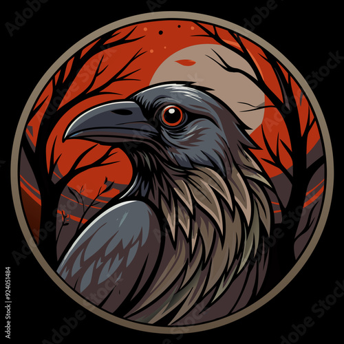 Raven with red moon and dark trees, gothic art style, ominous atmosphere