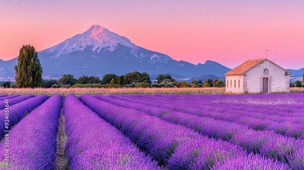 A field of lavender with a house in the foreground, a mountain behind, and a pink sky A field of lavender with a house in the foreground, a mountain behind, and a pink sky