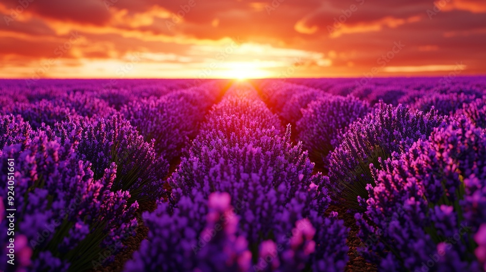Naklejka premium A field of lavender flowers with the sun setting in the distance is a picturesque scene
