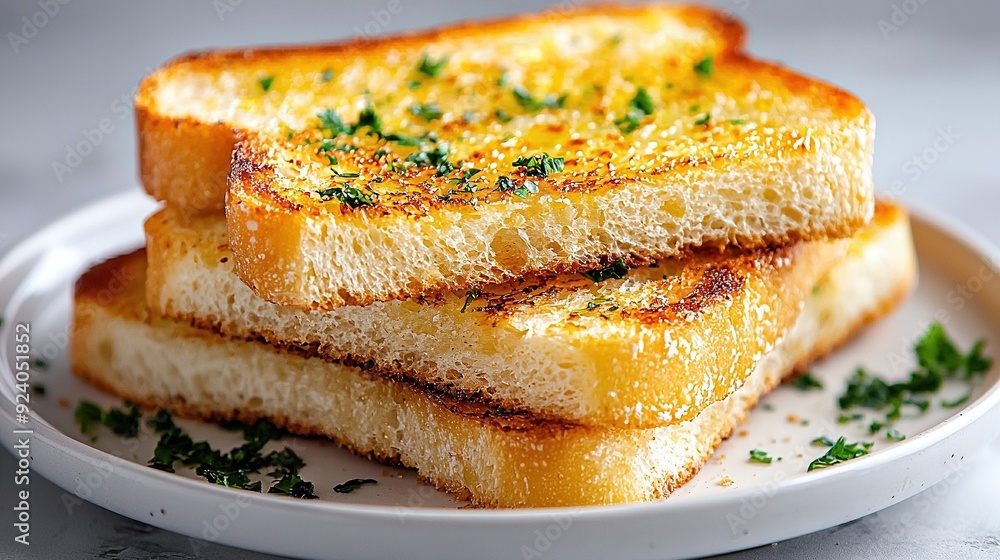 Toasted bread on a white plate, sprinkled with Parmesan cheese and green sprinkles Toasted bread on a white plate, sprinkled with Parmesan cheese and green sprinkles