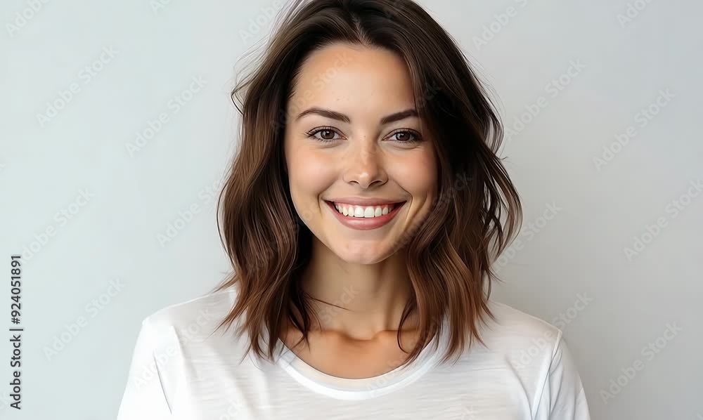 Portrait of young beautiful woman in white t-shirt looking at camera Portrait of young beautiful woman in white t-shirt looking at camera