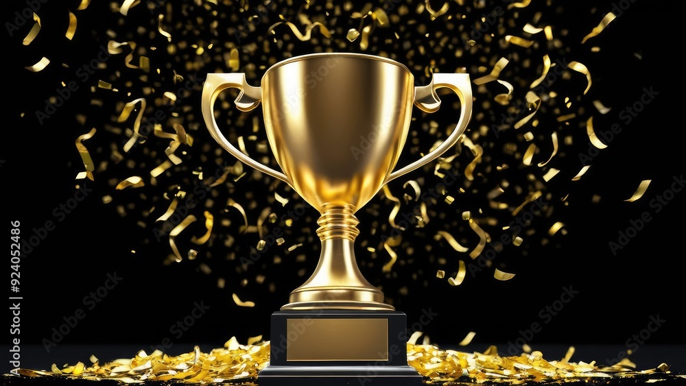 A prestigious gold trophy with confetti raining down, set against a dark background, highlighting the triumph and glory of a well-earned victory A prestigious gold trophy with confetti raining down, set against a dark background, highlighting the triumph and glory of a well-earned victory
