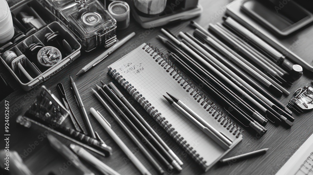 A Notebook Surrounded by Pens and Pencils on a Desk A Notebook Surrounded by Pens and Pencils on a Desk