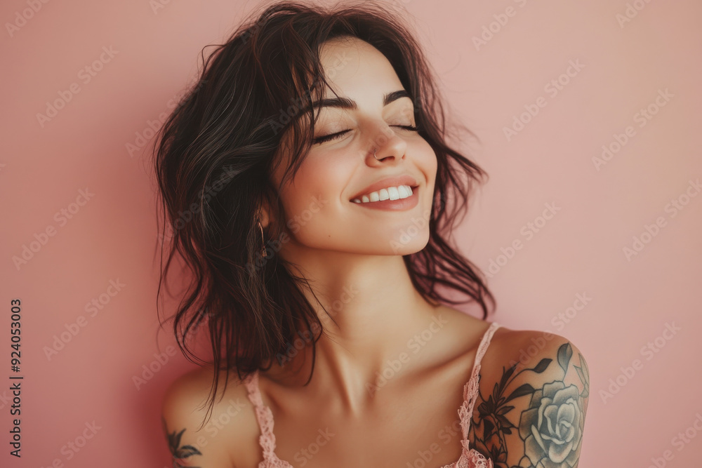 A close up of a woman's face with tattoos and her eyes closed A close up of a woman's face with tattoos and her eyes closed
