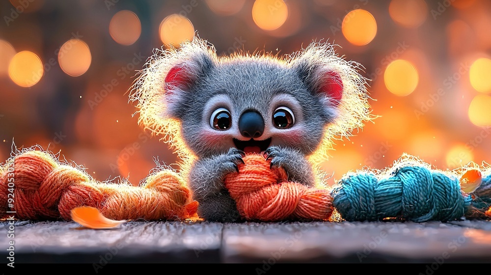 Adorable koala with a ball of yarn in front of a stack of knitting yarn Adorable koala with a ball of yarn in front of a stack of knitting yarn