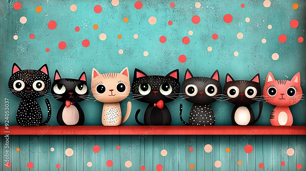 Obraz premium Red shelf with black-white cats and wall with polka dots