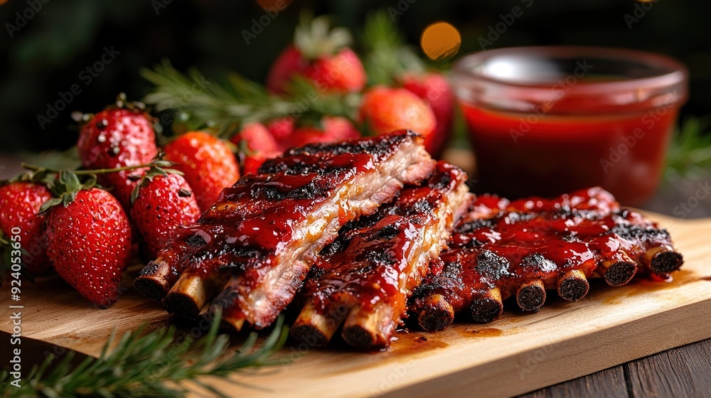 A wooden cutting board adorned with BBQ-sauce-covered ribs, nestled beside strawberries and a ketchup jar A wooden cutting board adorned with BBQ-sauce-covered ribs, nestled beside strawberries and a ketchup jar