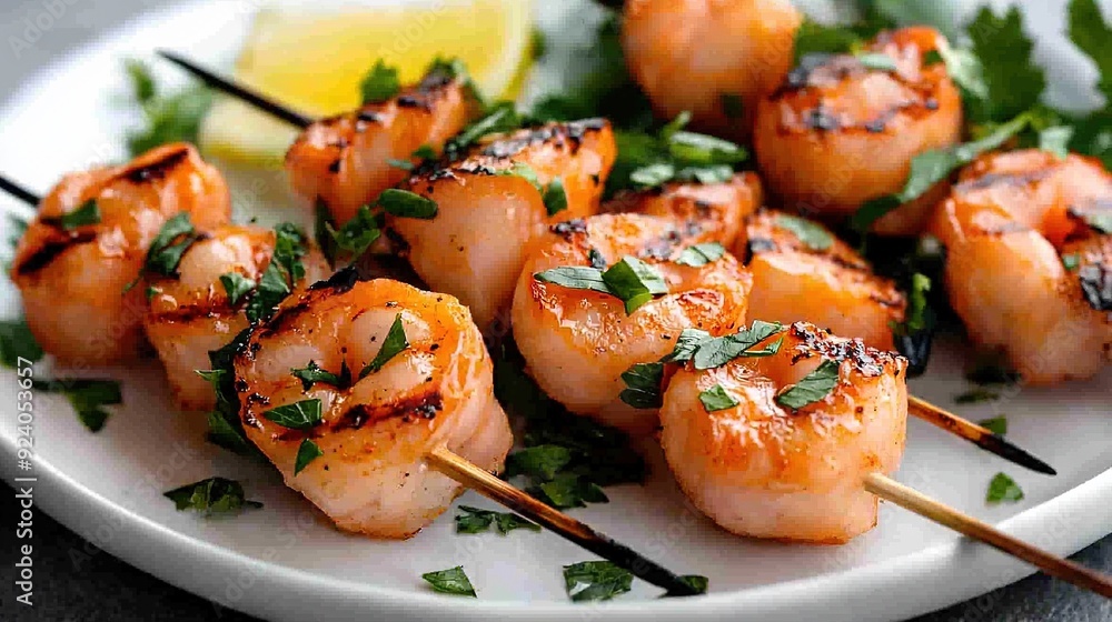 White plate with shrimp skewers, cilantro garnish, and lemon wedge White plate with shrimp skewers, cilantro garnish, and lemon wedge