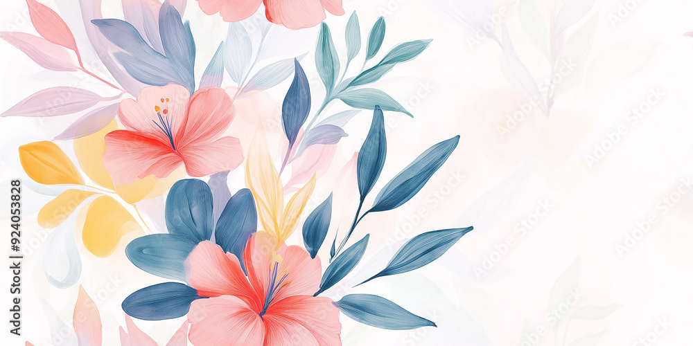 Fototapeta premium A seamless floral pattern with soft pastel-colored flowers and leaves on a light background, creating a delicate and airy feel perfect for spring-themed designs.