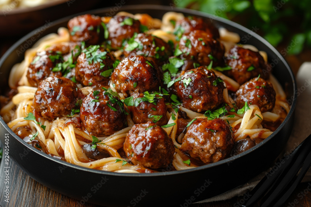 Photo of dutch-style lamb and mushroom pasta in an Enamled steel pan, on the table. The dish is full with noodles with brown sauce and meatballs. Tasting scene. A black fork lies next to it. Photo of dutch-style lamb and mushroom pasta in an Enamled steel pan, on the table. The dish is full with noodles with brown sauce and meatballs. Tasting scene. A black fork lies next to it.