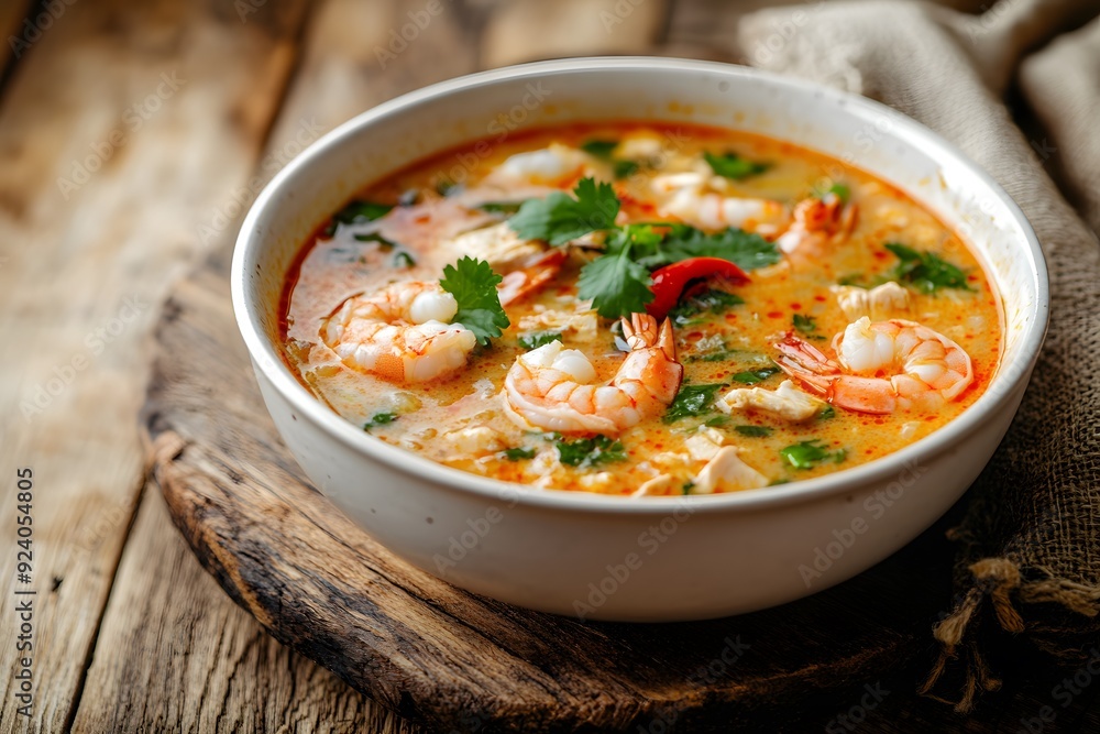 Delicious Thai Tom Yum Soup with Shrimp, Chicken, and Herbs. Delicious Thai Tom Yum Soup with Shrimp, Chicken, and Herbs.