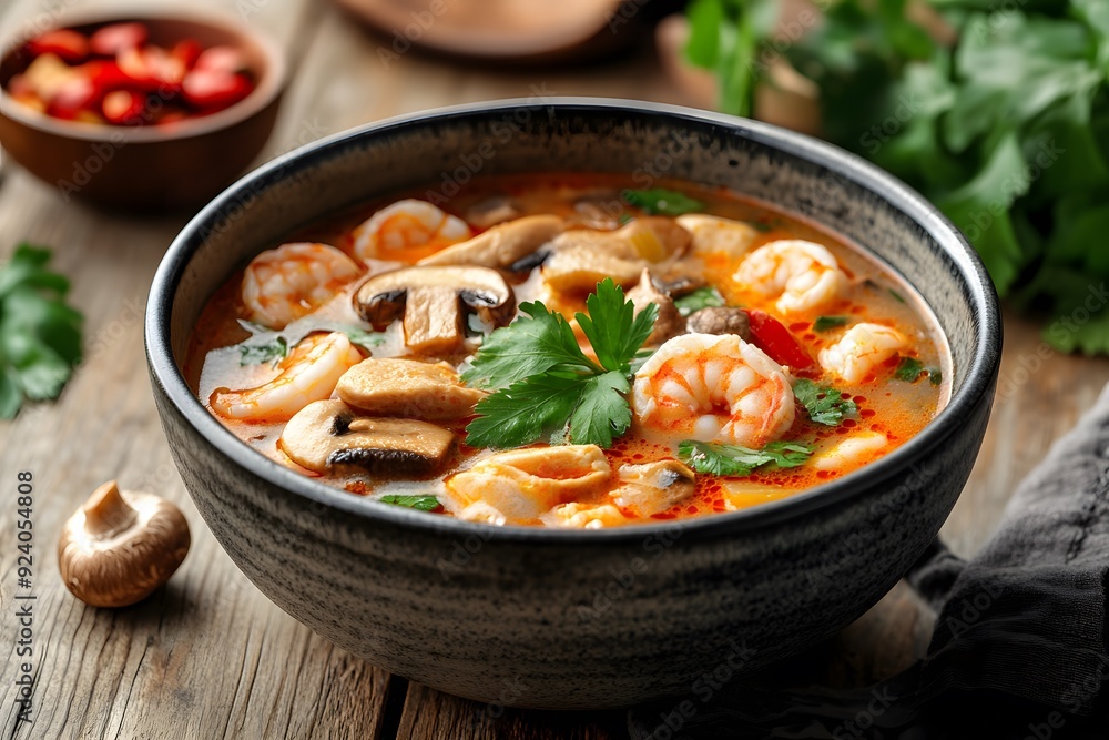 Close up of a bowl of Tom Yum soup with shrimp, mushrooms, and cilantro on a wooden table. Close up of a bowl of Tom Yum soup with shrimp, mushrooms, and cilantro on a wooden table.