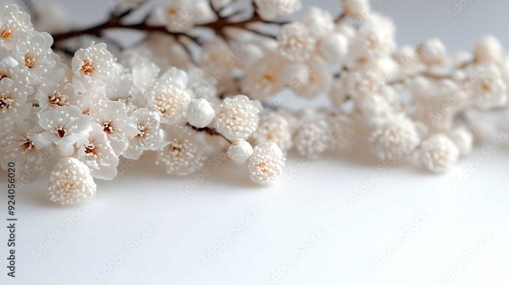 A close-up of a white-flowered branch on a white background, with a soft focus image of the same branch in the distance A close-up of a white-flowered branch on a white background, with a soft focus image of the same branch in the distance