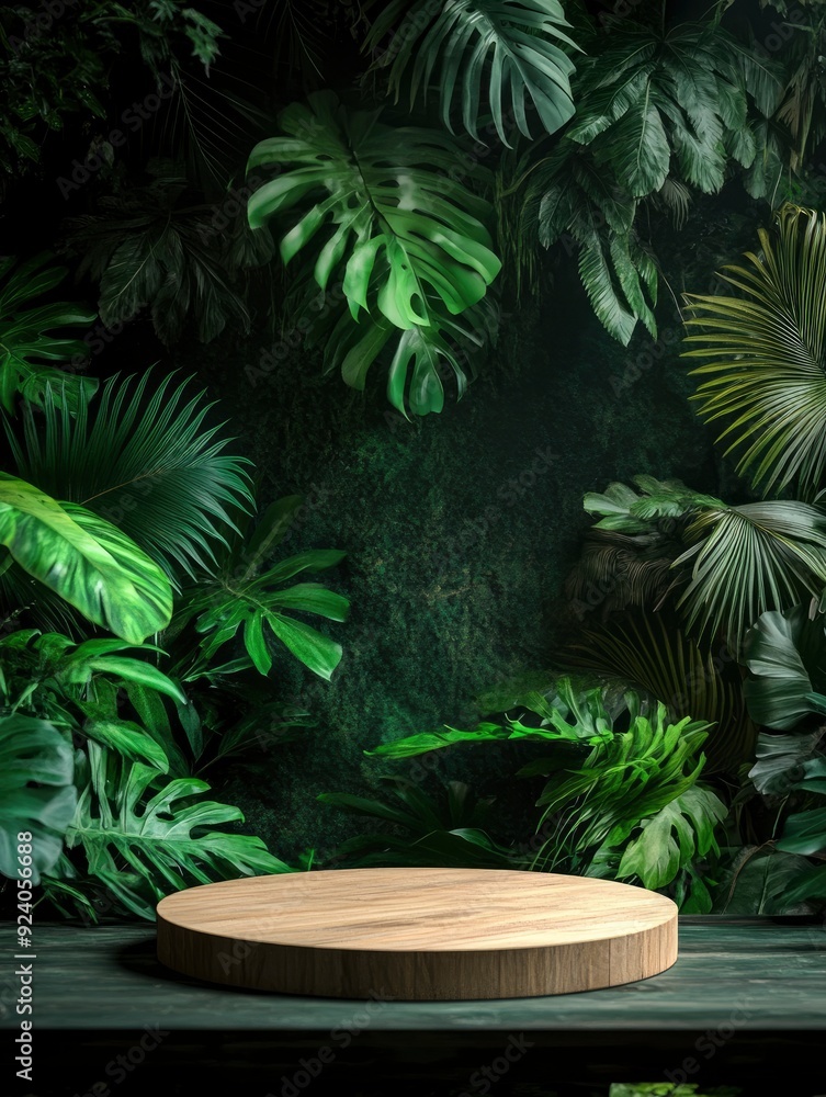 Wooden podium against a background of tropical leaves , ai Wooden podium against a background of tropical leaves , ai