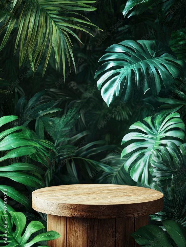 Wooden podium against a background of tropical leaves , ai Wooden podium against a background of tropical leaves , ai