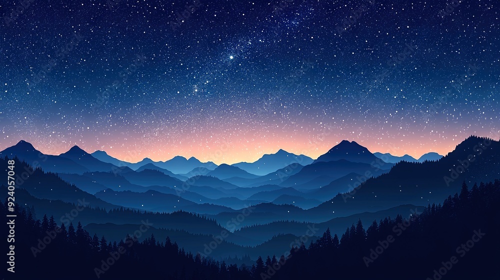 A sky full of stars, a mountain range with trees, and a star-filled backdrop A sky full of stars, a mountain range with trees, and a star-filled backdrop