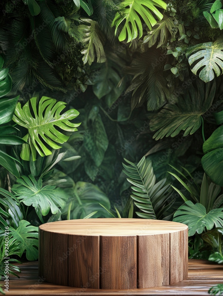 Wooden podium against a background of tropical leaves , ai Wooden podium against a background of tropical leaves , ai