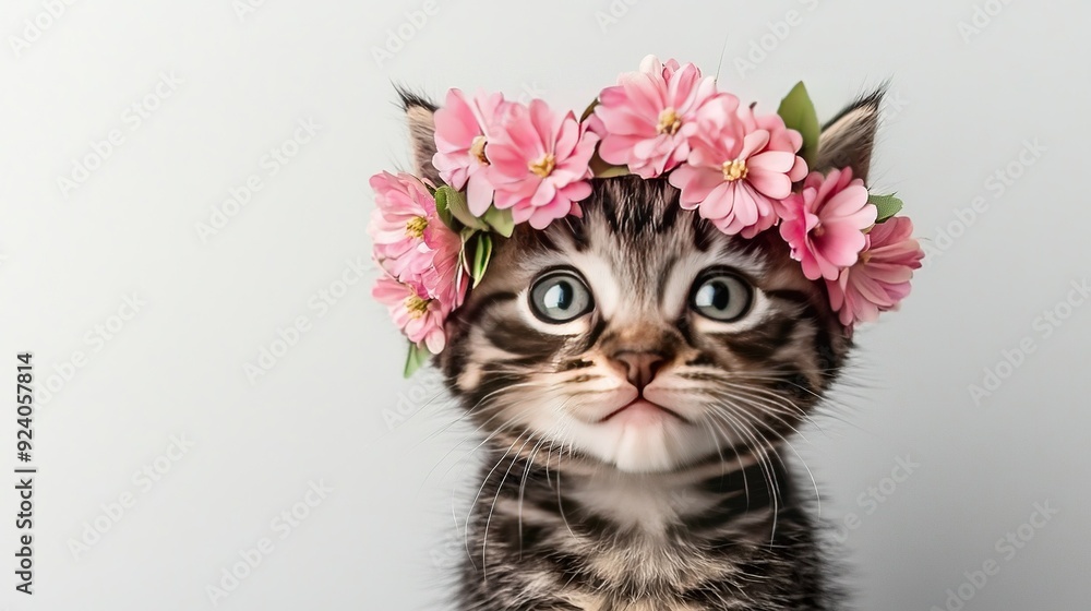 Fototapeta  A kitten wearing a flower crown and surprised expression on its face