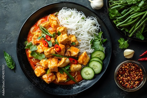 A plate of chicken curry with rice noodles, cucumbers, and chili peppers.