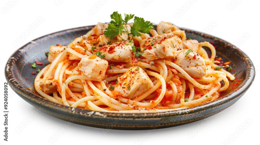 Tasty spaghetti pasta with chicken and tomato sauce on a plate Tasty spaghetti pasta with chicken and tomato sauce on a plate