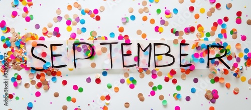 Colorful confetti on a white background with the word 