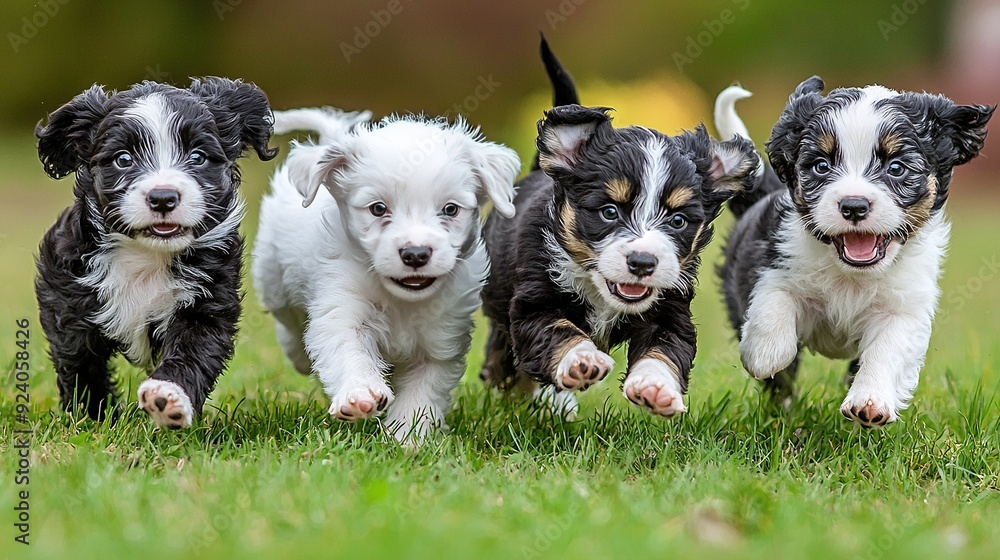 Four puppies in a field, paws up, mouths open Four puppies in a field, paws up, mouths open