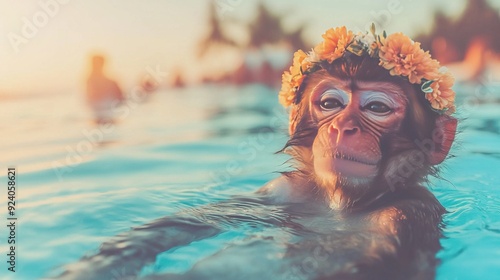  A monkey adorned with flowery crown dives in a pool, surrounded by people