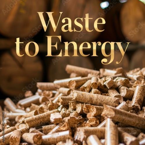 Sawdust compressed into wood pellets with  waste to energy  text for sustainable energy production photo