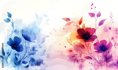 Abstract background with watercolor colorful splashes and floral ornaments. Template for your designs, such as wedding invitation, greeting card, posters, etc.