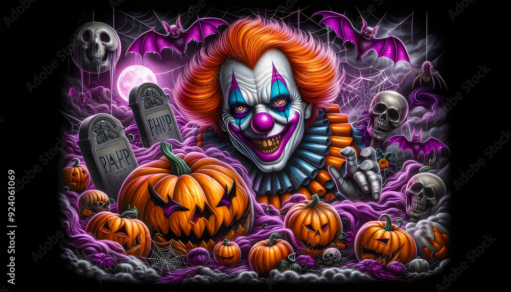 Sinister Clown Surrounded by Halloween Icons in Vibrant Airbrush Art Sinister Clown Surrounded by Halloween Icons in Vibrant Airbrush Art