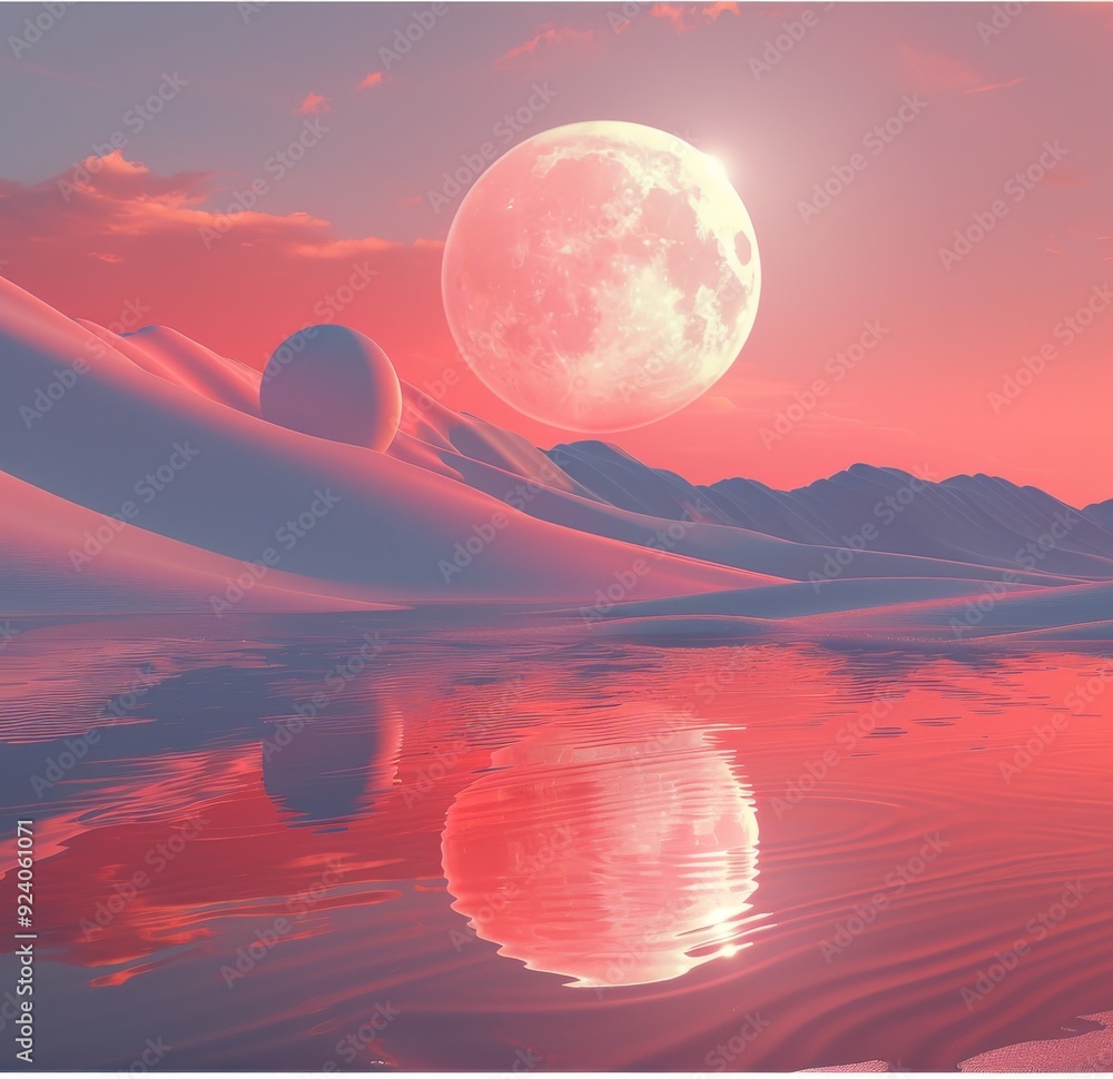 Serene desert dunes under full moon reflecting on tranquil water at dusk Serene desert dunes under full moon reflecting on tranquil water at dusk