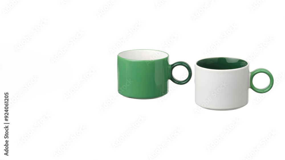 Closeup of white and green ceramic cups on white copy-space background. Closeup of white and green ceramic cups on white copy-space background.