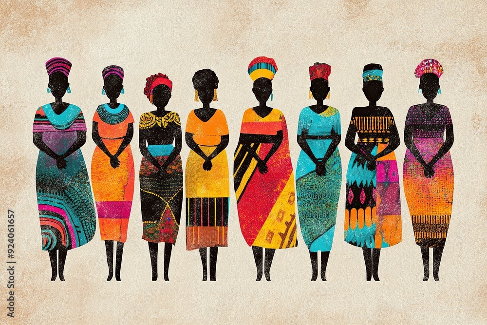 Naklejka premium group of stylized black women in vibrant traditional African attires standing side by side, light background, illustration. concepts: International Day for People of African Descent, African women.