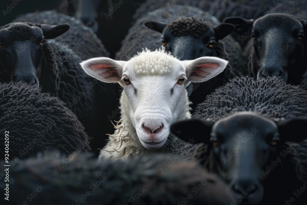 Obraz premium One white sheep standing out from the black sheep herd