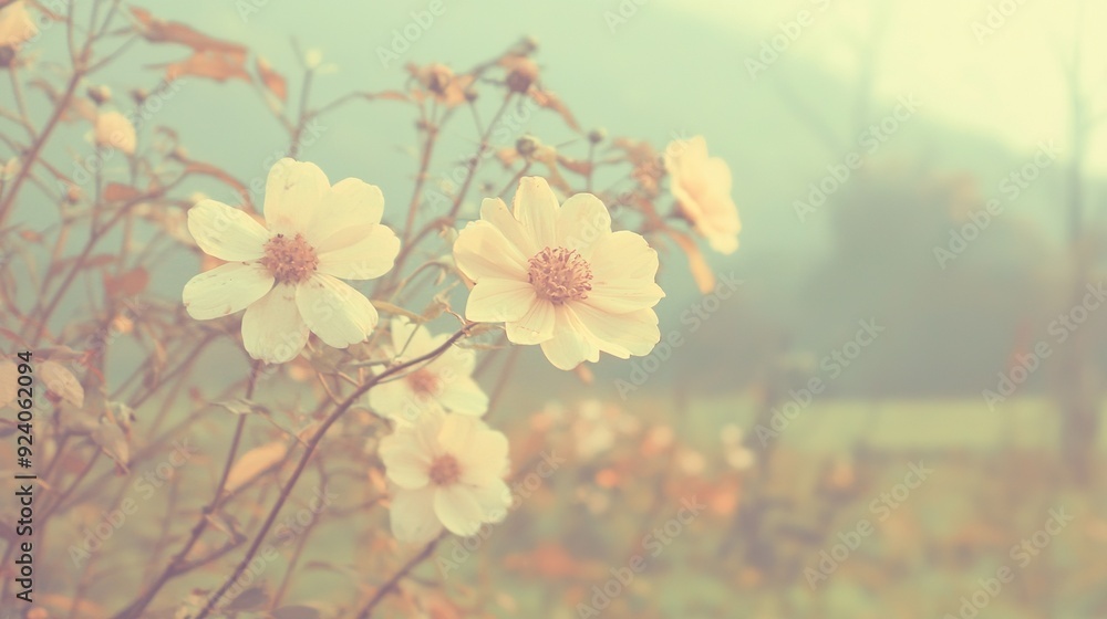 A photo of a cluster of blossoms surrounded by hazy trees and foliage in the distance A photo of a cluster of blossoms surrounded by hazy trees and foliage in the distance