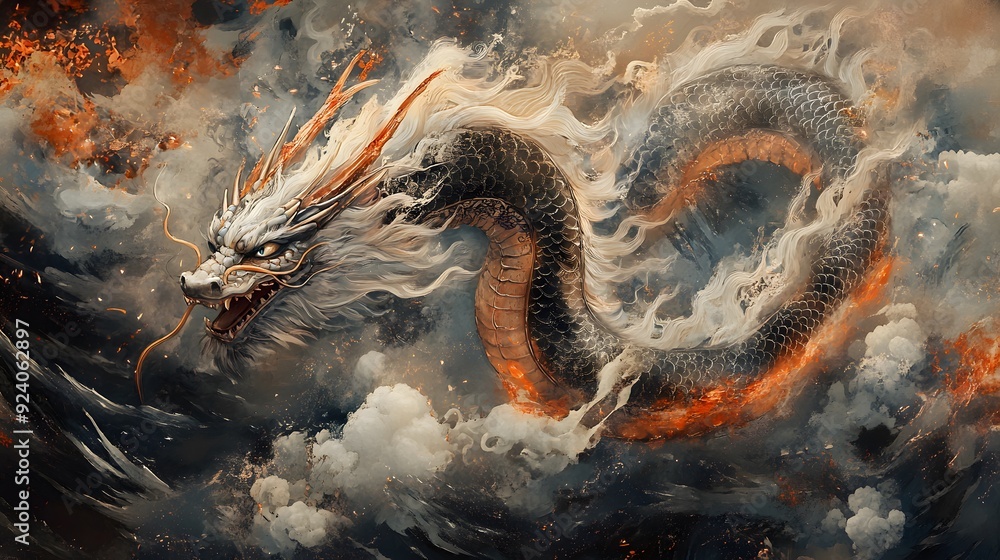 Fiery white dragon with blue eye, emerging from smoke and flames. Fiery white dragon with blue eye, emerging from smoke and flames.