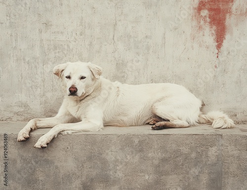 white dog lies on the concrete floor, its body drooping and posture relaxed