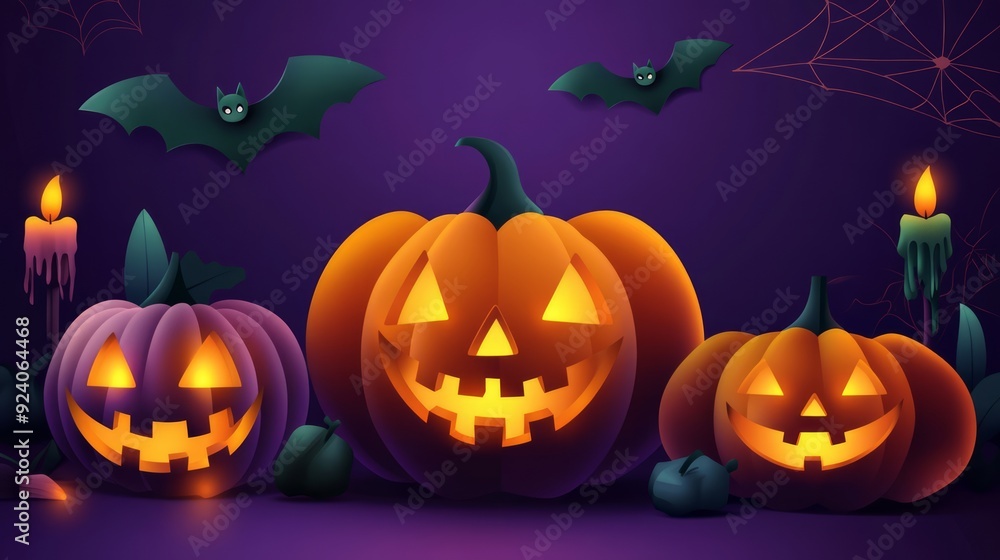 Three glowing pumpkins carved intricately on a spooky halloween night, with two bats gracefully flying in the background. Perfect for halloween designs Three glowing pumpkins carved intricately on a spooky halloween night, with two bats gracefully flying in the background. Perfect for halloween designs