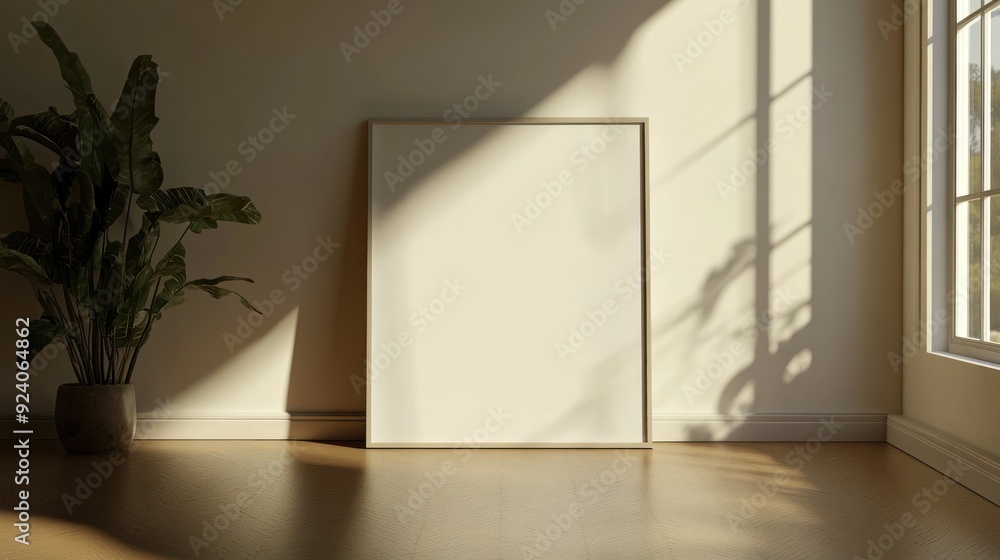 Empty Picture Frame in Minimalist Interior with Plant and Sunlight Empty Picture Frame in Minimalist Interior with Plant and Sunlight