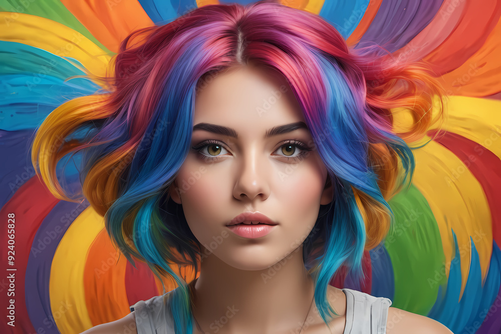 Colorful-haired woman with a necklace against a vibrant backdrop. Radiant Rainbow Locks: Portrait of a Girl with Rainbow-Colored Hair, Striking a Pose Ideal for Expressing Vibrancy and Individuality i