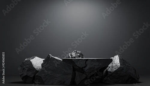 Stone and Rock shape 3d render illustration. Rough podium, pedestal for brand product exhibition. Solid dark black color. Mockup template for ads design..