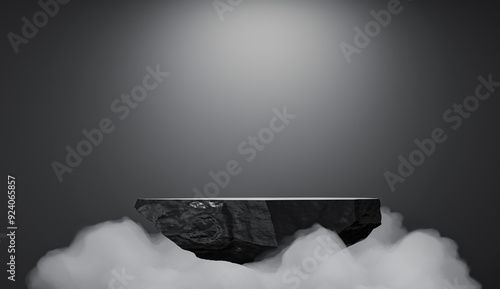 Stone and Rock shape 3d render illustration. Rough podium, pedestal for brand product exhibition. Solid dark black color. Mockup template for ads design..