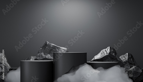 Stone and Rock shape 3d render illustration. Round podium, pedestal for brand product exhibition. Solid dark black color. Mockup template for ads design..