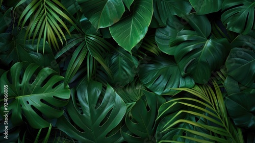 Group background of dark green tropical leaves Panorama background. concept of nature AI generated