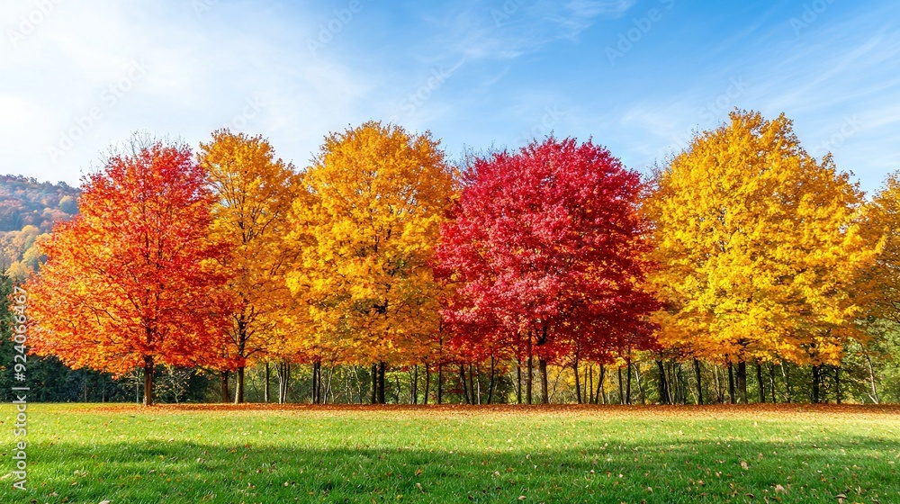 A line of trees in a green meadow with a clear blue sky above and a cluster of red, yellow, and green trees in front A line of trees in a green meadow with a clear blue sky above and a cluster of red, yellow, and green trees in front