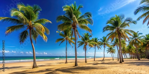 Sandy beach with tall palm trees and clear blue sky, beach, trees, palm, sand, tropical, sunny, vacation, coast, relaxation