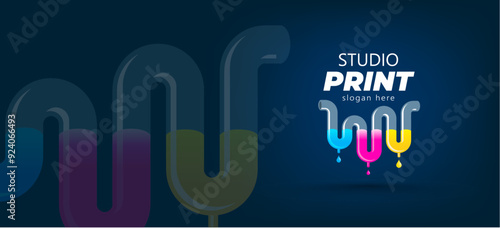 Logo СMYK Print Polygraphy theme. Ink is flowing through tube. Template design vector. Black background.