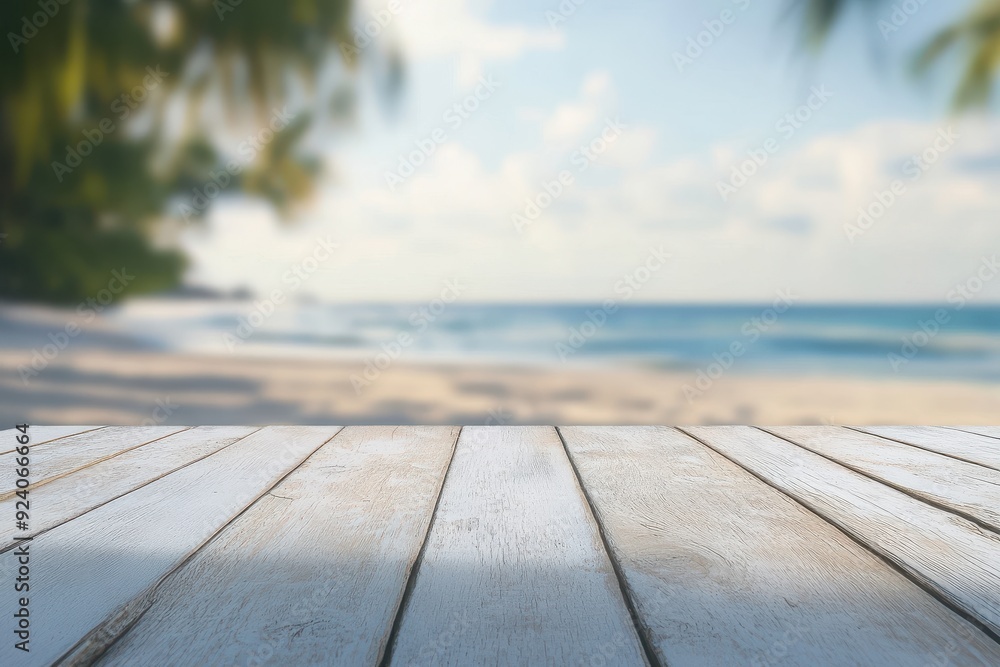 White wooden table top with blurred beach background for product display presentation White wooden table top with blurred beach background for product display presentation