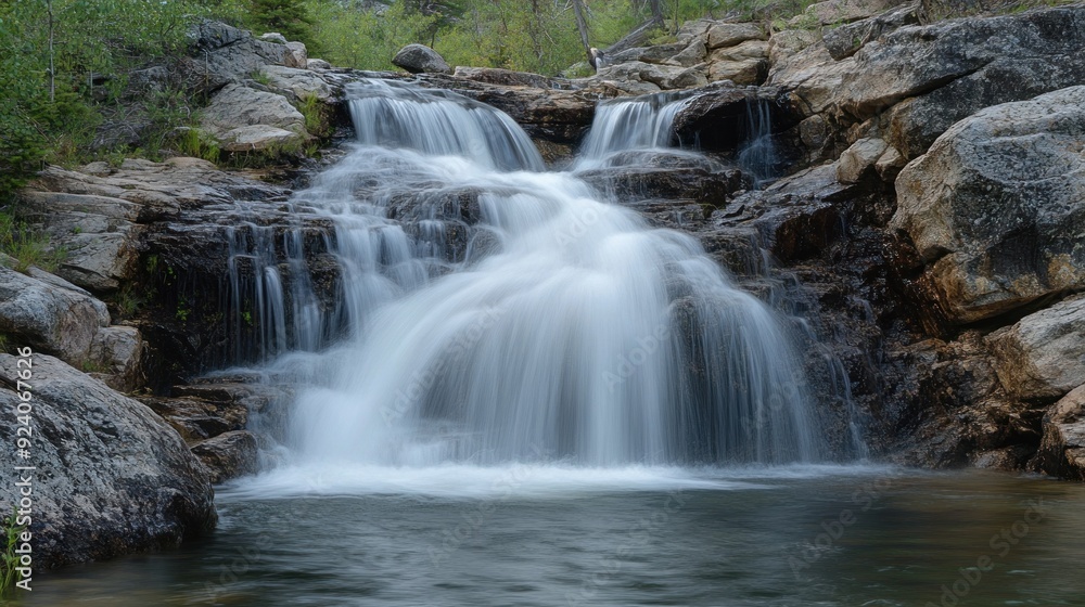 Cascading Waterfall Over Smooth Rocks in a Lush Forest
