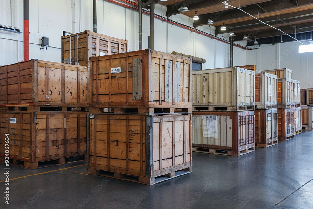Wooden Crates Stacked in Warehouse Wooden Crates Stacked in Warehouse
